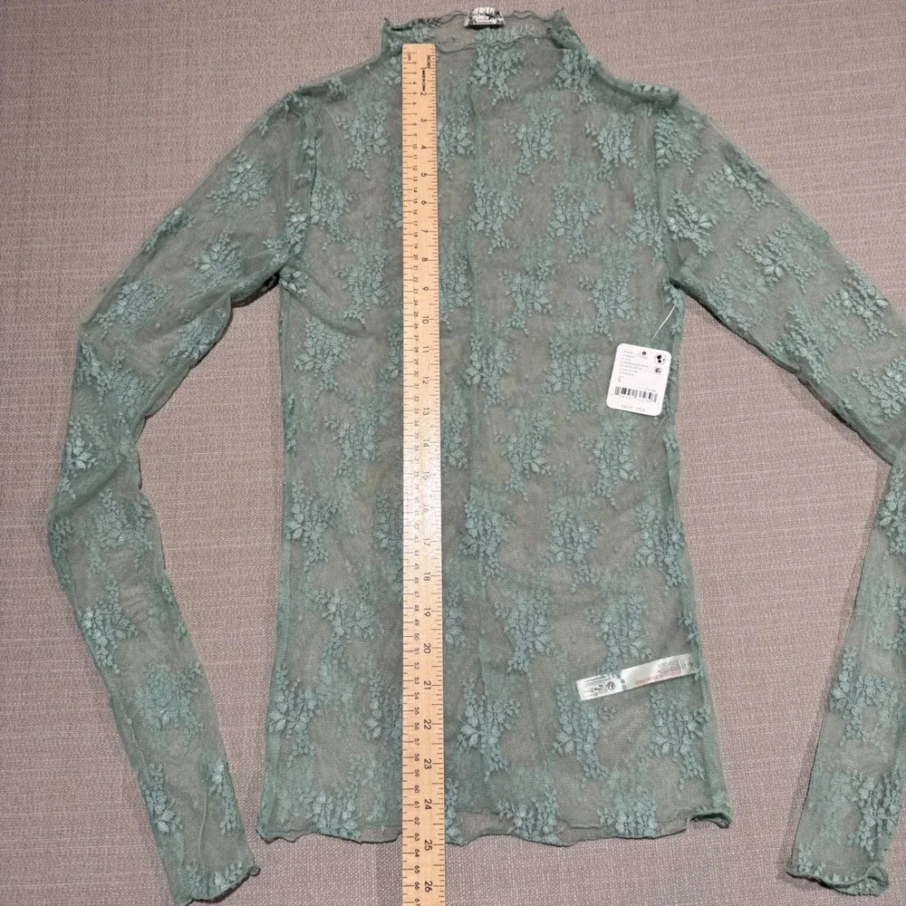 Free People Intimately Sheer Floral Lace Mock Neck Top Blouse Green Blue Small
